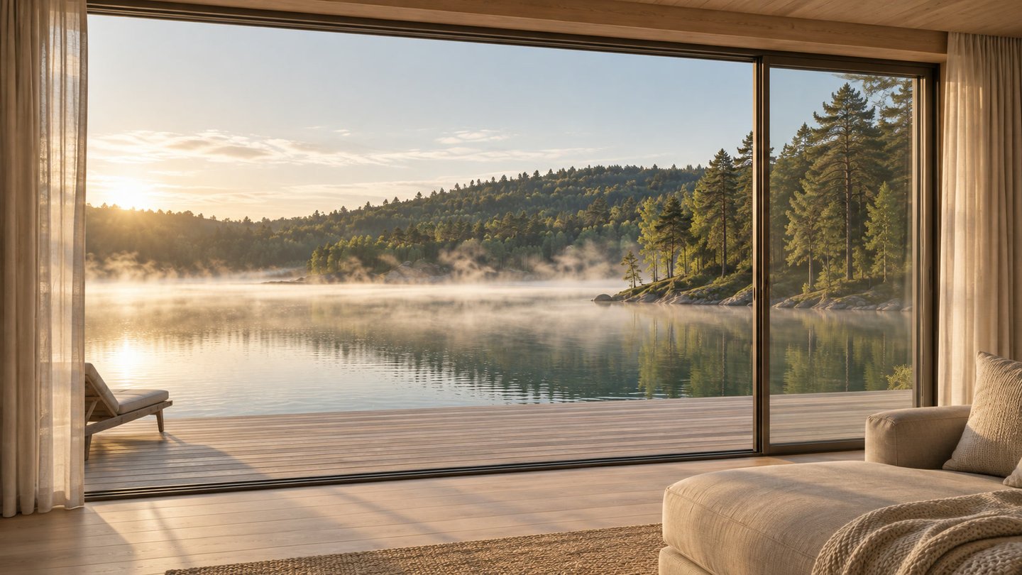 KI-generierter Innenraum der fiktiven SEERUHE-Lodge mit Blick auf den See